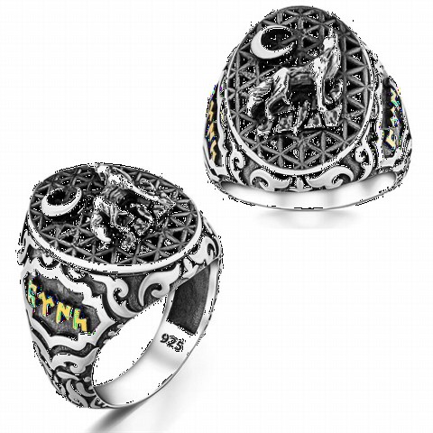 Bozkurt Patterned Sterling Silver Men's Ring with Göktürk Turkish Turkish Writing 100348757