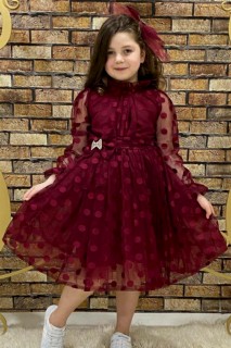 Outwear - فستان أحمر كلاريت بولكا نقطة بتفاصيل مكشكشة وشفافة بناتي 100328683 - Turkey