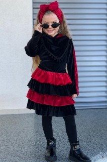 Outwear - Girl's Hooded Stripe Detailed Layered Red-Black Velvet Dress 100327160 - Turkey