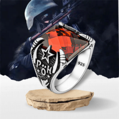 Police Special Operations Red Stone Silver Ring 100347692
