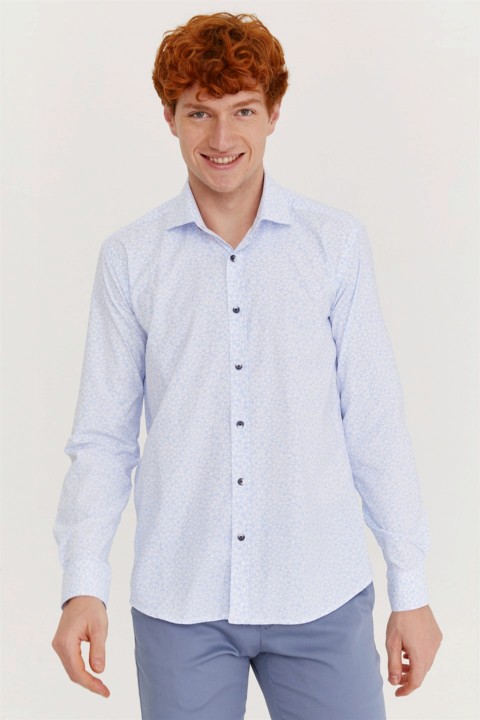 Shirt - Men's Blue Cotton Slim Fit Slim Fit Jacquard Patterned Italian Collar Long Sleeve Shirt 100351205 - Turkey