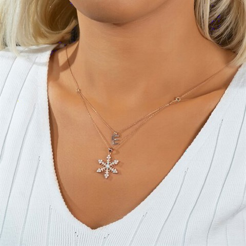 Snowflake Silver Necklace with Initials Opal Stone Rose 100350071