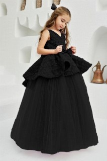 Kids - Girl's V-Neck and Zero Sleeve Flower Embroidered Black Evening Dress 100328286 - Turkey