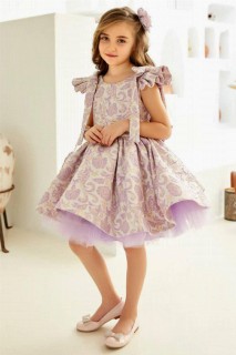 Girls - Girl's Shoulder Frilly Silvery Floral Embroidered and Fluffy Tulle Lilac Evening Dress 100327736 - Turkey