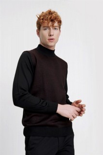 Men Clothing - Men's Black Dynamic Fit Relaxed Cut Diamond Pattern Half Turtleneck Knitwear Sweater 100345111 - Turkey