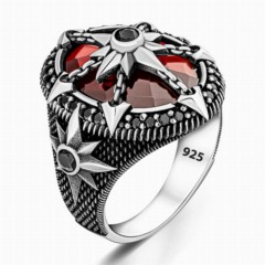 Red Zircon Stone Pole Star Sterling Silver Ring 100346342