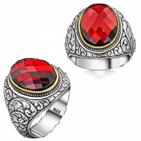 Zircon Stone Rings - Sterling Silver Men's Ring With Red Zircon Stone With Pencil Pattern 100350324 - Turkey