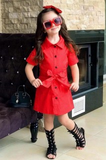Outwear - For Girls Buttoned Shirt Collar And Buckle Pomegranate Trench Coat Dress 100328380 - Turkey