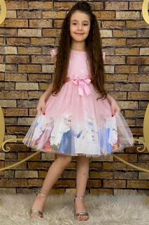Kids - Girl Snow Queen Printed and Ruffled Sleeves Pink Dress 100328208 - Turkey