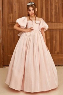 Evening Dress - Mädchen-Abendkleid mit Wassermelonen-Ärmelkragen, Tüll und puderfarbener Prinzessinnenkrone 100328266 - Turkey