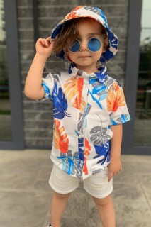 Boy's Half Sleeve Leaf Patterned Hat and White Shorts Suit 100328526