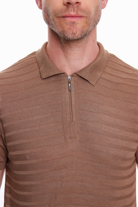 Men's Mink Striped Pattern Polo Collar Dynamic Fit Comfort Fit Zippered Knitwear T-Shirt 100351250