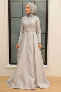 Woman - Grey Hijab Evening Dress 100340711 - Turkey