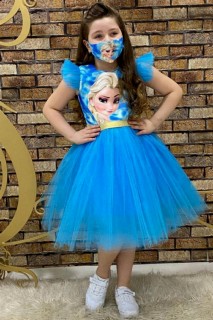 Kids - Girl Elsa Printed Sleeves Frilly Masked Blue Dress 100327198 - Turkey