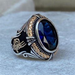 Zircon Stone Rings - Ottoman Tugra Motif Blue Zircon Stone Sterling Silver Men's Ring 100348044 - Turkey