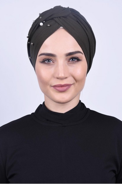 Woman Bonnet & Turban - بسته بندی استخوانی مرواریدی سبز خاکی - Turkey