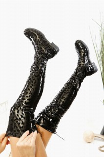 Gemma Black Leopard Stretch Boots 100343174
