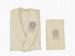 Set Robe - Scar Embroidered 100% Cotton Single Bathrobe Set Cream 100329399 - Turkey