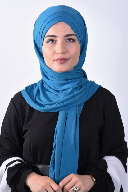 Woman Bonnet & Hijab - Combed Cotton 3-Striped Shawl Petrol Blue 100285215 - Turkey