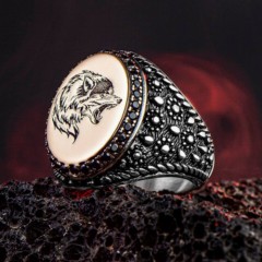 Animal Rings - خاتم فضة إسترليني بتصميم رأس ذئب مطرز على شكل قطرة جانبية 100346775 - Turkey