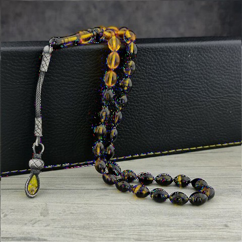 Yellow Black Color Transition Silver Kazaz Tasseled Fire Amber Rosary 100349391