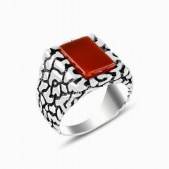Agate Stone Side Stone Patterned Silver Ring 100347842