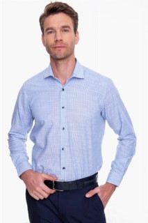 Men Clothing - Men Ice Blue 100% Cotton Saldera Regular Fit Comfy Cut Striped Solid Collar Short Sleeve Shirt 100352612 - Turkey
