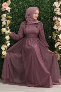 Daily Dress - Dark Dusty Rose Hijab Evening Dress 100337513 - Turkey