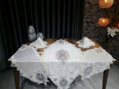Living room Table Set - French Guipure Velvet Butterfly Living Room Set 5 Pieces Cream Cream 100344759 - Turkey