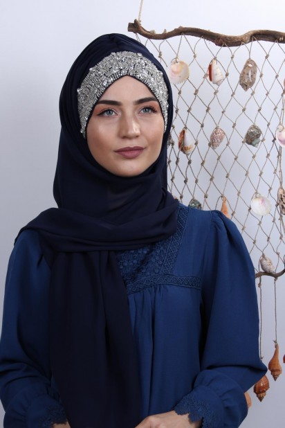 Ready to wear Hijab-Shawl - شال بتصميم حجري بونيه أزرق داكن - Turkey