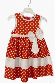 Kids - Girl's Ribbon Detailed and Waist Bow Polka Dot Pomegranate Strap Dress 100327247 - Turkey