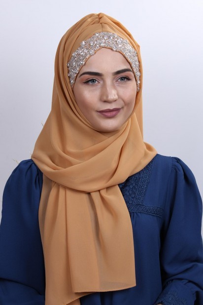 Woman Hijab & Scarf - Stone Design Bonnet Shawl Mustard Yellow 100282980 - Turkey