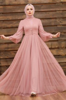 Evening & Party Dresses - Powder Pink Hijab Evening Dress 100336525 - Turkey