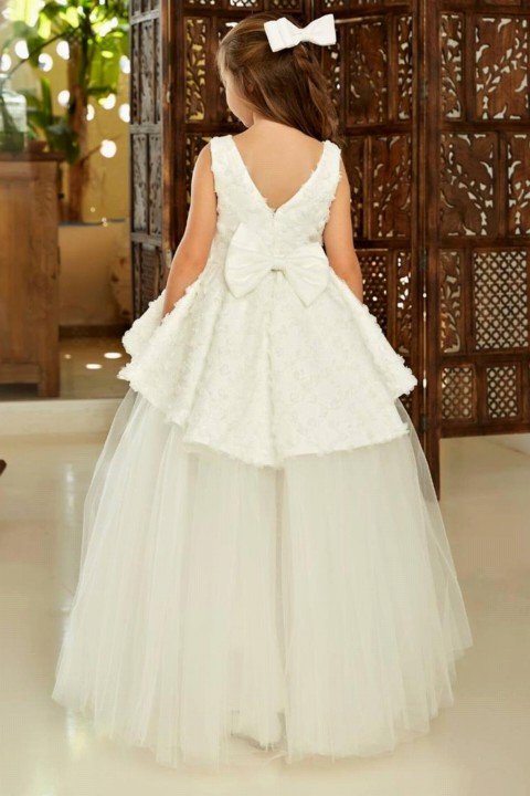 Girl's V-Neck and Zero Sleeve Flower Embroidered White Evening Dress 100344647