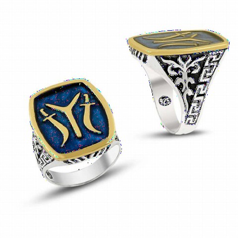 Silver Rings 925 - Versace Patterned Kayi Length Symbol Enameled Sterling Silver Men's Ring 100348532 - Turkey