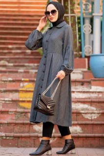 Outwear - İndigo Blue Hijab Coat 100300286 - Turkey