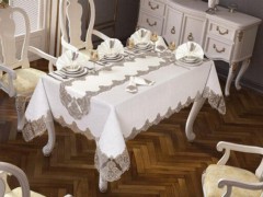 Rectangle Table Cover - Suna rechteckig bedruckte Tischdecke Creme Gold 100330015 - Turkey