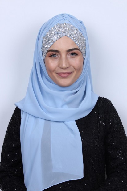 Woman Hijab & Scarf - Stone Design Bonnet Shawl Baby Blue 100282969 - Turkey