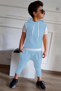 Tracksuit Set - Survêtement bleu à manches courtes pour garçon avec taille superposée et capuche 100328400 - Turkey