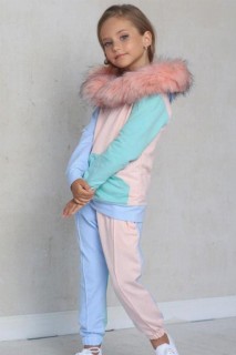 Girl's New Hoodie Fur And Kangaroo Pocket Blue Tracksuit Set 100328734