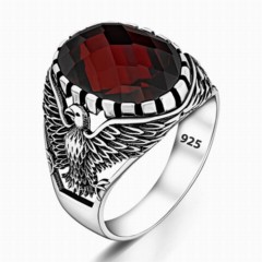 Dark Red Zircon Stone Eagle Motif Sterling Silver Ring 100348145