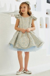 Girl Clothing - Girl's Shoulder Frilly Silvery Flower Embroidered and Fluffy Tulle Blue Evening Dress 100327742 - Turkey