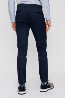 Men's Navy Blue Cotton Slim Fit Side Pocket Linen Trousers 100351241