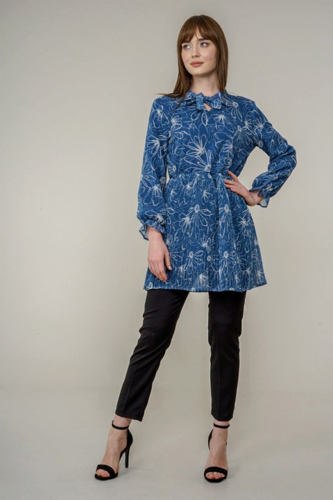 Tunic - Women's Pleated Patterned Tunic 100342630 - Turkey