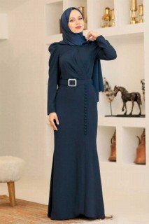 Navy Blue Hijab Evening Dress 100339309
