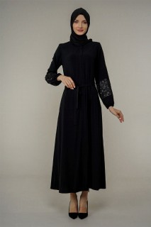 Outwear - Sequin Detailed Belt Abaya on Arms 100326007 - Turkey