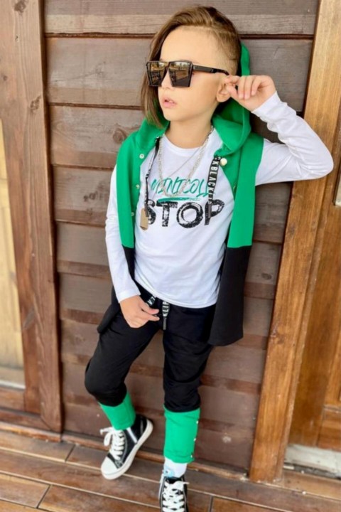 Tracksuit Set - Boy Staple Detailed Vest Stop Green Tracksuit Suit 100327092 - Turkey