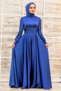Evening & Party Dresses - İndigo Blue Hijab Evening Dress 100339868 - Turkey