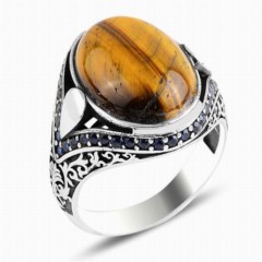 mix - Ordered Zircon Stone Tiger Eye Ottoman Patterned Silver Men's Ring 100348031 - Turkey