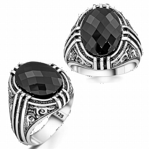 Zircon Stone Rings - Oval Zircon Stone Patterned Silver Ring 100350257 - Turkey